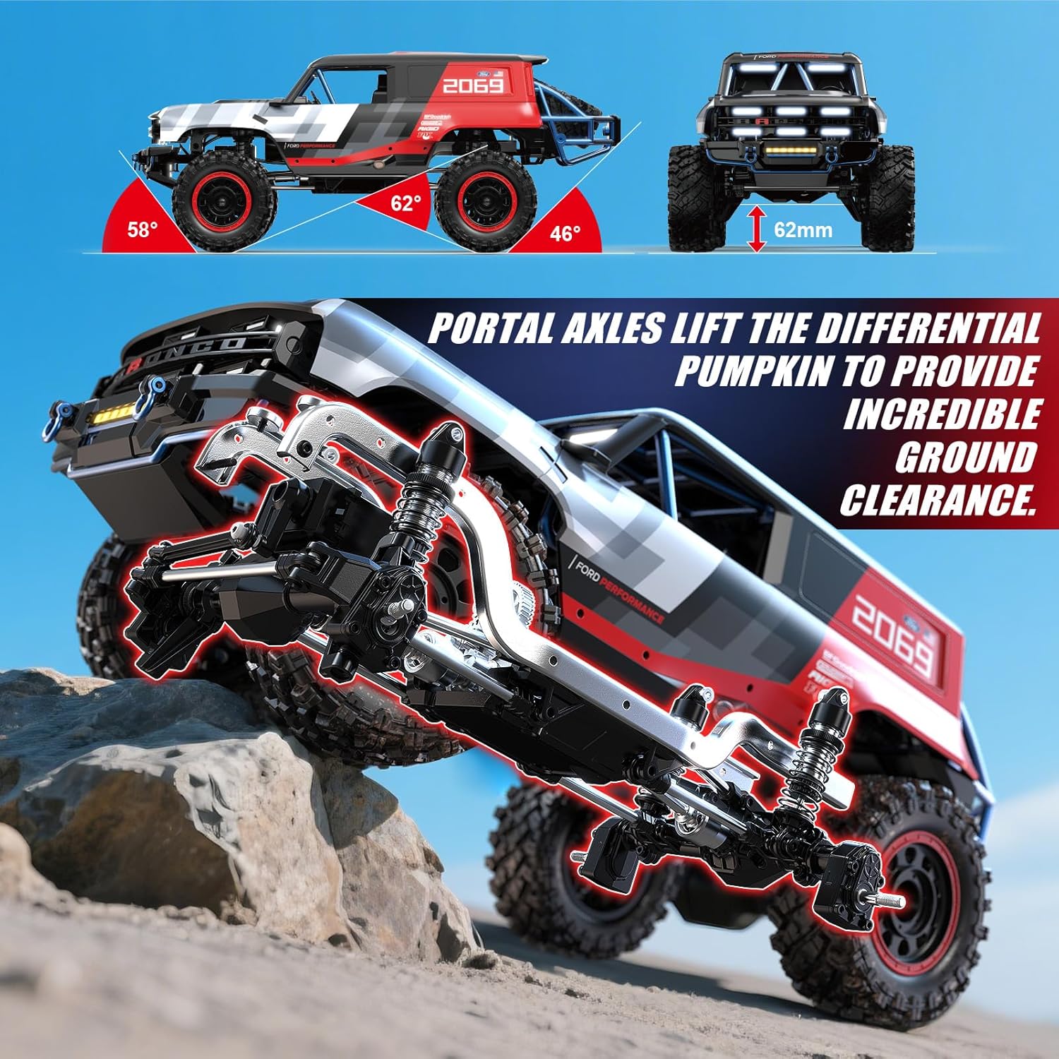 MJX H12P 1/12 Ford Bronco R Brushless RC Crawlers for Adults, Waterproof 4X4 Off-Road RC Rock Trucks with Portal Axles, Hard Case Licensed Remote Control Truck, RTR All Terrain RC Cars with 2 Battery